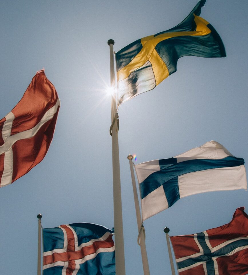 a group of flags that are flying in the air